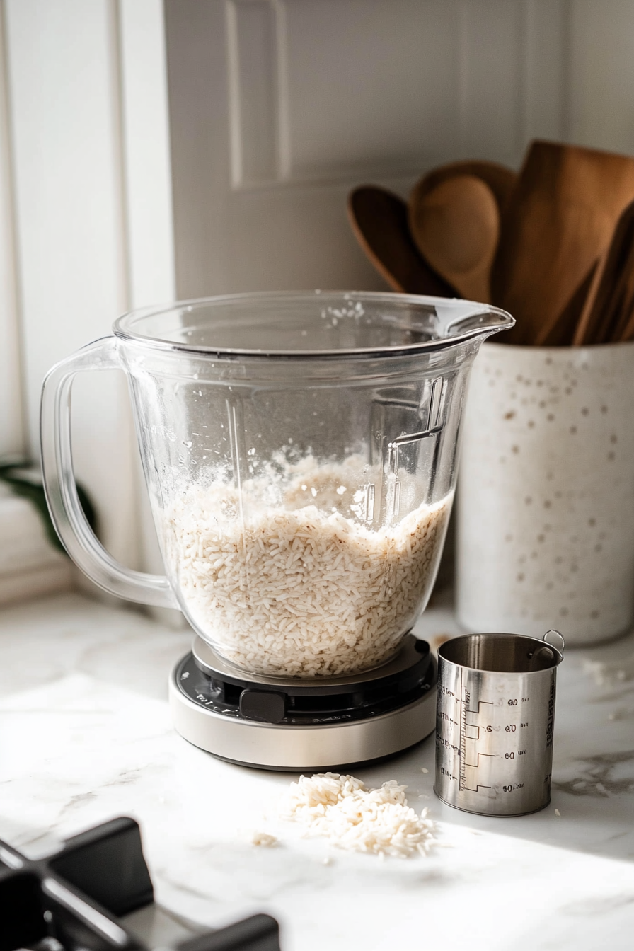 This image shows a blender filled with the soaked rice and cinnamon mixture being blended to a smooth consistency, preparing the base for the creamy horchata drink.