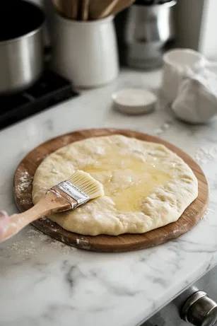 A pastry brush lightly coats the dough’s surface with melted butter on the marble cooktop, with a sprinkle of salt added optionally for flavor.