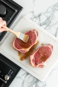 This image depicts the gammon steaks being brushed on both sides with the sweet and savory honey mustard glaze, ensuring the steaks are fully coated before cooking.