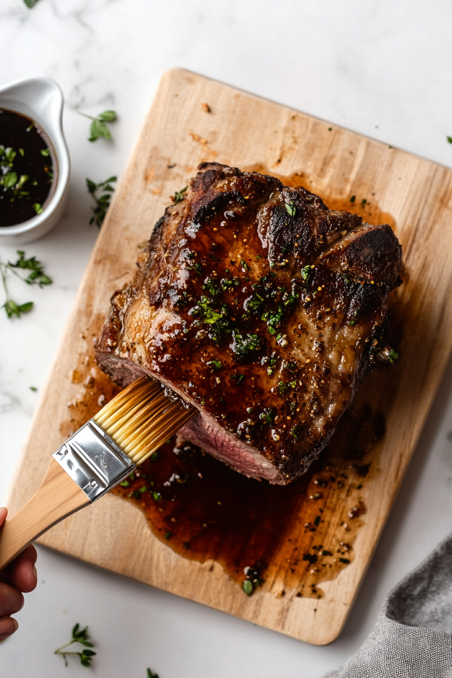 This image shows a brush generously applying the honey Dijon glaze over the seared pork ribeye roast, ready to enhance the flavor as it bakes in the oven.