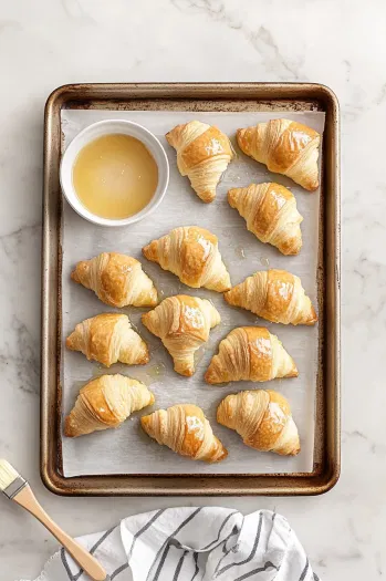 Rolled crescent rolls on a parchment-lined baking sheet, with a small bowl of melted butter, honey, Dijon mustard, and garlic powder glaze nearby. A pastry brush is being used to coat the rolls generously. The scene shows the rolls getting a shiny glaze