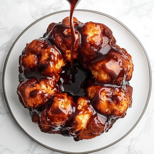 This image shows a close-up of the finished monkey bread, with its caramelized, golden brown layers and cinnamon sugar coating, perfect for a sweet and shareable dessert.