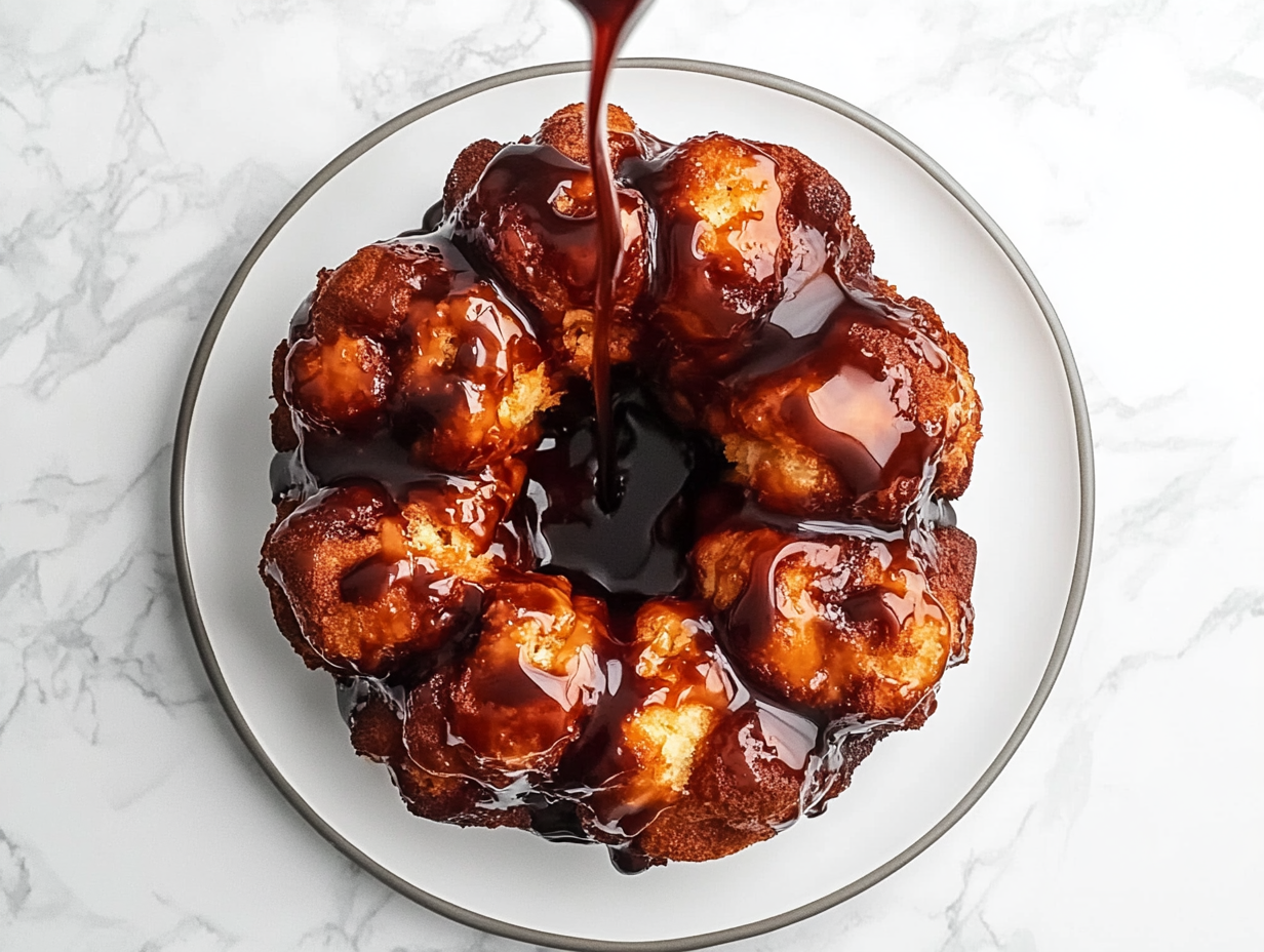 This image shows a close-up of the finished monkey bread, with its caramelized, golden brown layers and cinnamon sugar coating, perfect for a sweet and shareable dessert.