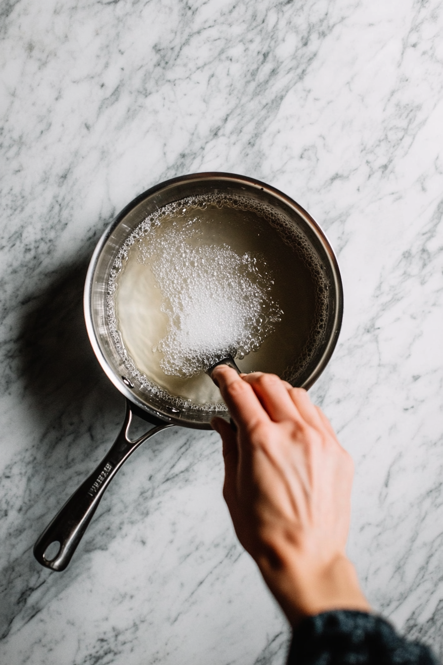 This image shows granulated sugar and water being combined in a saucepan on the stove to make a simple sugar syrup, the essential sweetener for the margarita recipe.