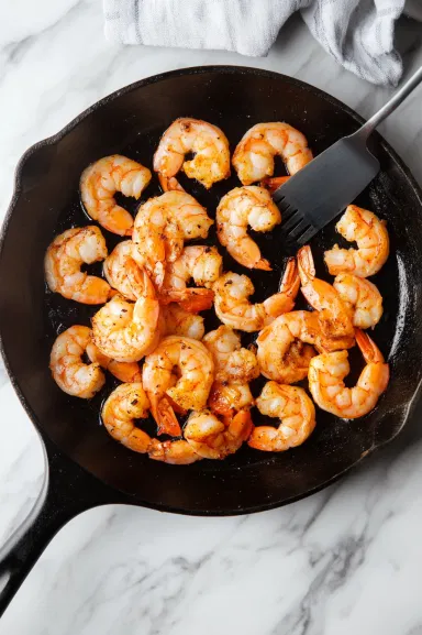 Top-down view of a large cast iron skillet with shrimp sizzling as they cook in olive oil, seasoned with blackened spices. A spatula is ready to turn the shrimp on the white marble cooktop