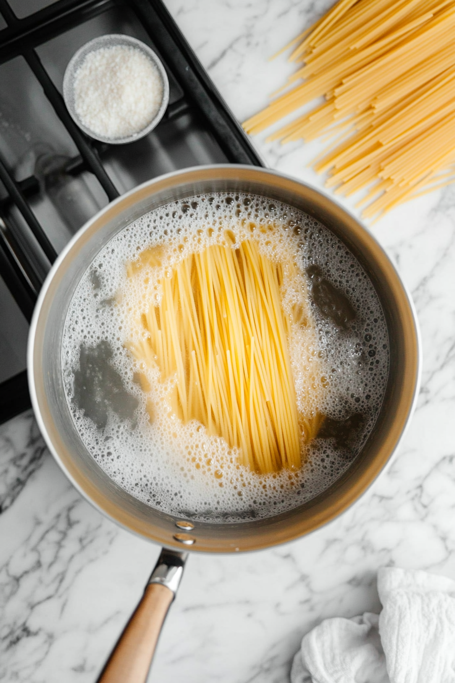 This image shows pasta being boiled in a pot of water, preparing linguine or spaghetti to serve with the shrimp scampi.