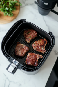 This image shows the gammon steaks cooking inside the air fryer for about five minutes, with the hot air circulating to create a crispy outer layer while keeping the inside tender.