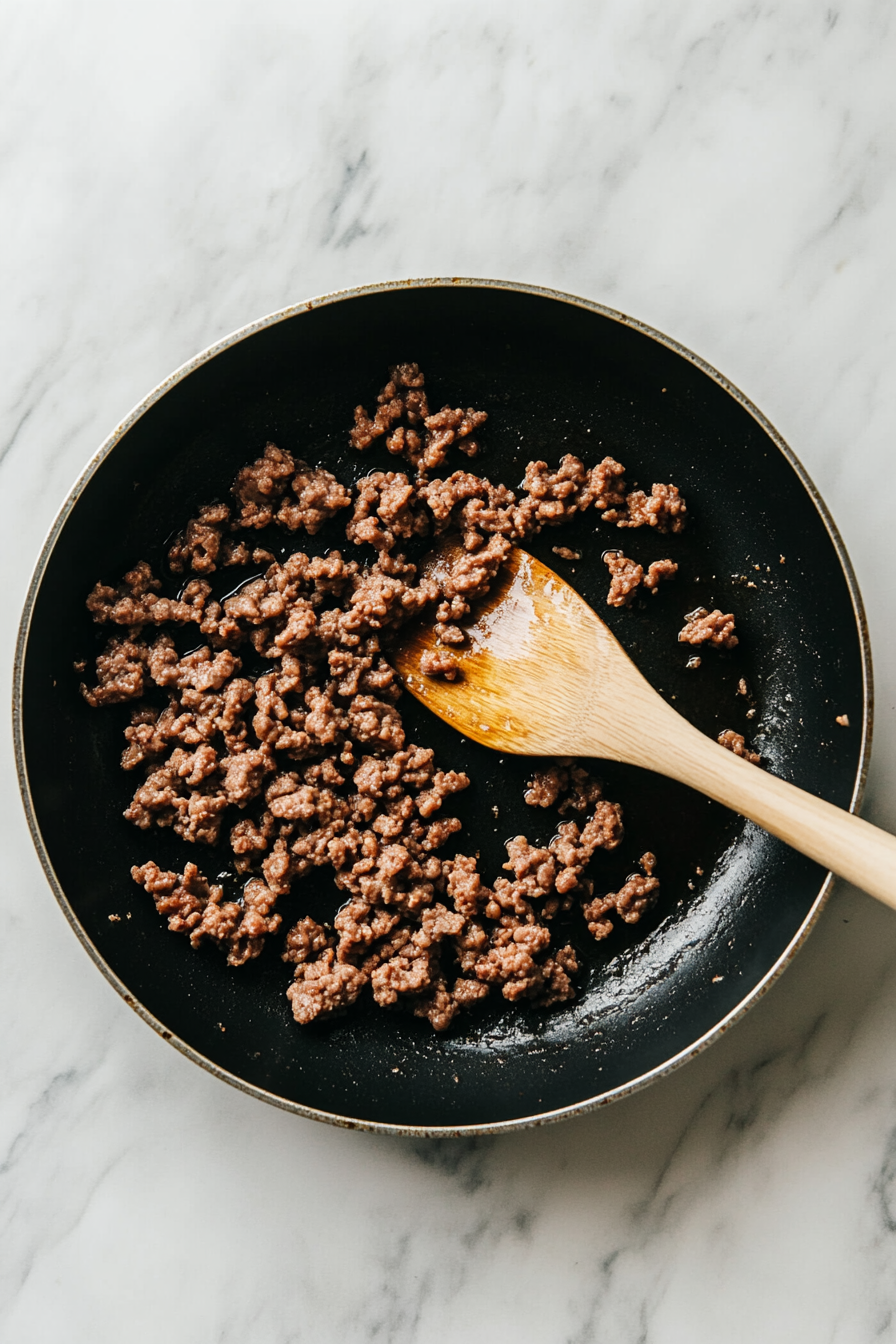 This image shows the process of browning lean ground beef in a skillet over medium heat until there is no pink remaining, a key step in preparing the taco filling for the Frito Taco Salad.