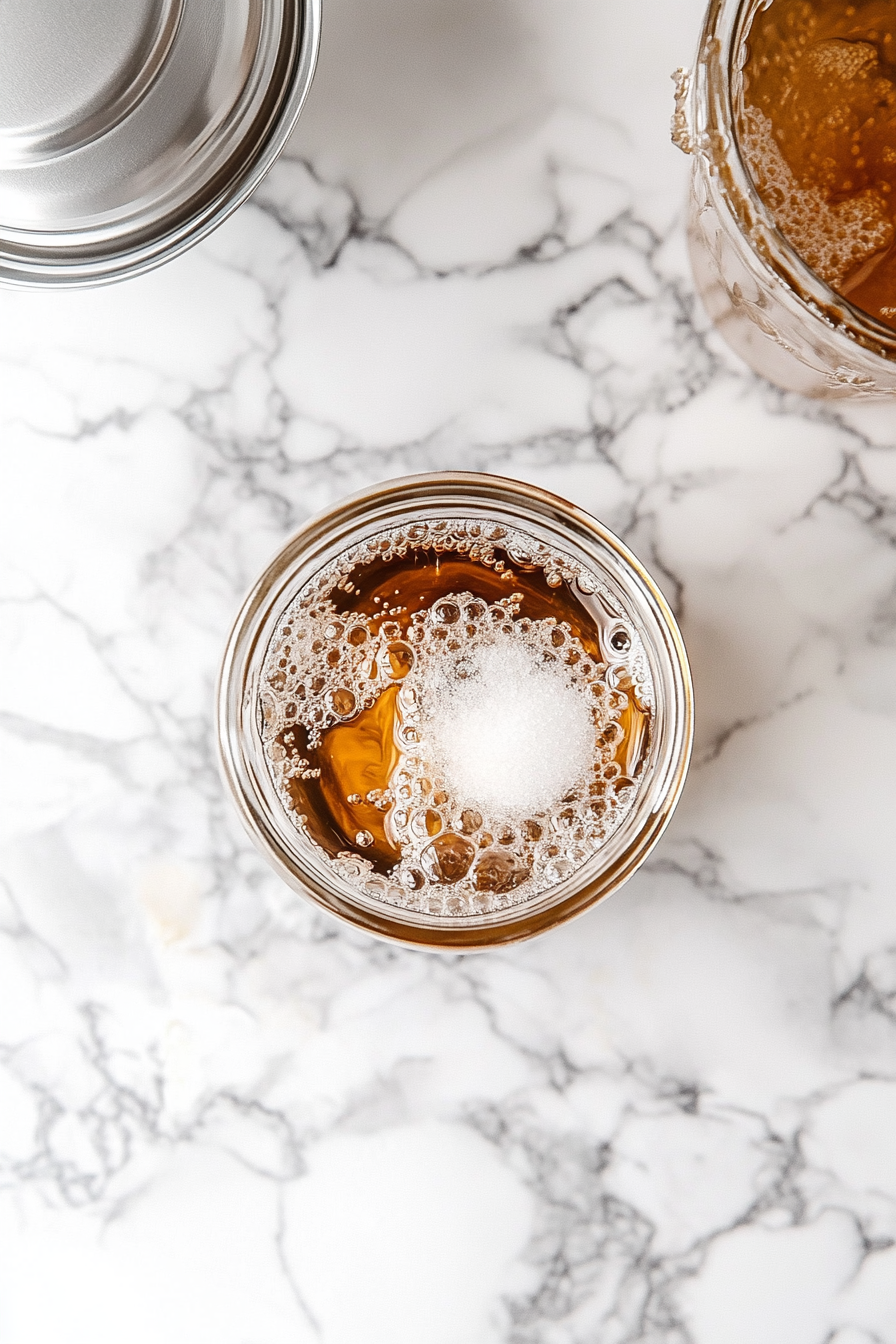 This image shows the sugar syrup being cooled down in a glass jar, ready to be used as a substitute for triple sec in the margarita.