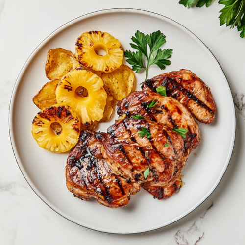 This image features perfectly crispy and juicy air-fried gammon steaks served with golden pineapple rings, chips, and a cooked egg, showcasing a mouthwatering meal prepared with minimal effort using the air fryer.