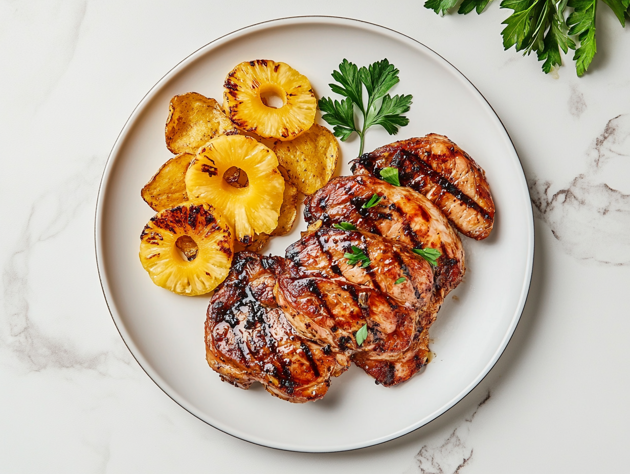 This image features perfectly crispy and juicy air-fried gammon steaks served with golden pineapple rings, chips, and a cooked egg, showcasing a mouthwatering meal prepared with minimal effort using the air fryer.