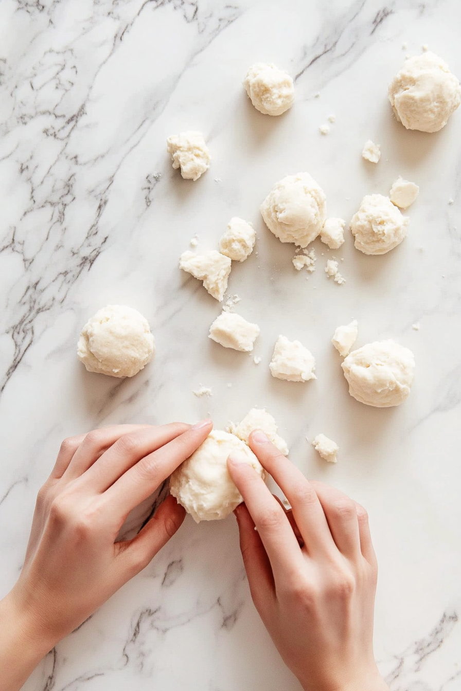 This image shows biscuit dough being prepared by cutting it into small, even pieces that will be used to create the layers for monkey bread.