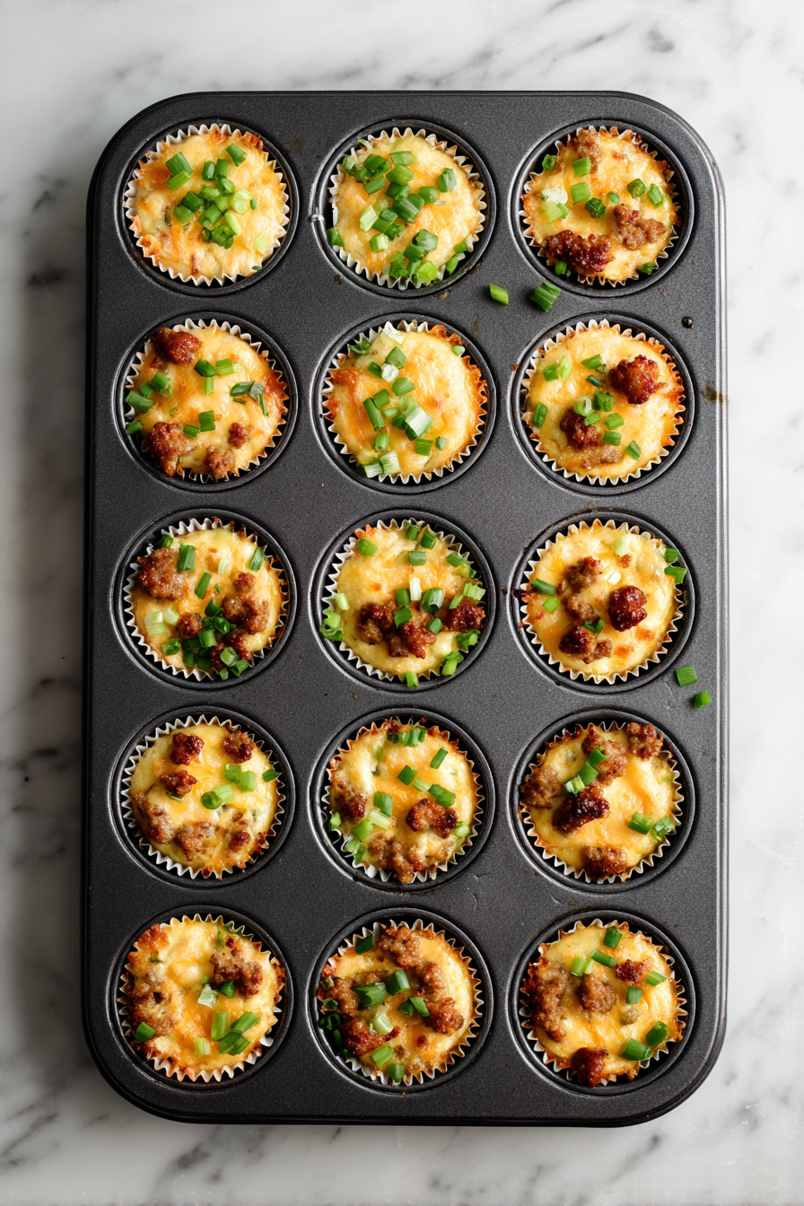 Evenly distribute the cooked sausage, Cheddar cheese, Swiss cheese, and green onion among the prepared muffin cups.