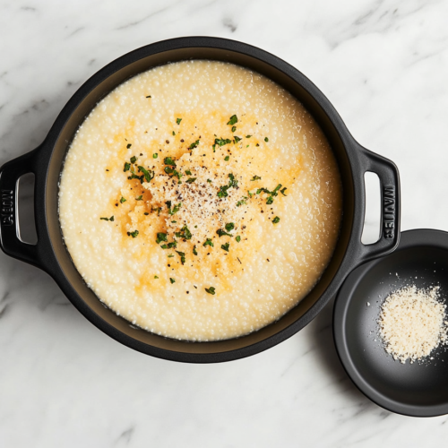 This image shows a bowl of creamy Gouda Grits, garnished with extra shredded Gouda cheese and a pat of butter, creating a rich, savory dish that's ready to be served.