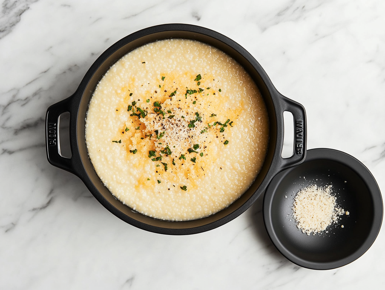 This image shows a bowl of creamy Gouda Grits, garnished with extra shredded Gouda cheese and a pat of butter, creating a rich, savory dish that's ready to be served.