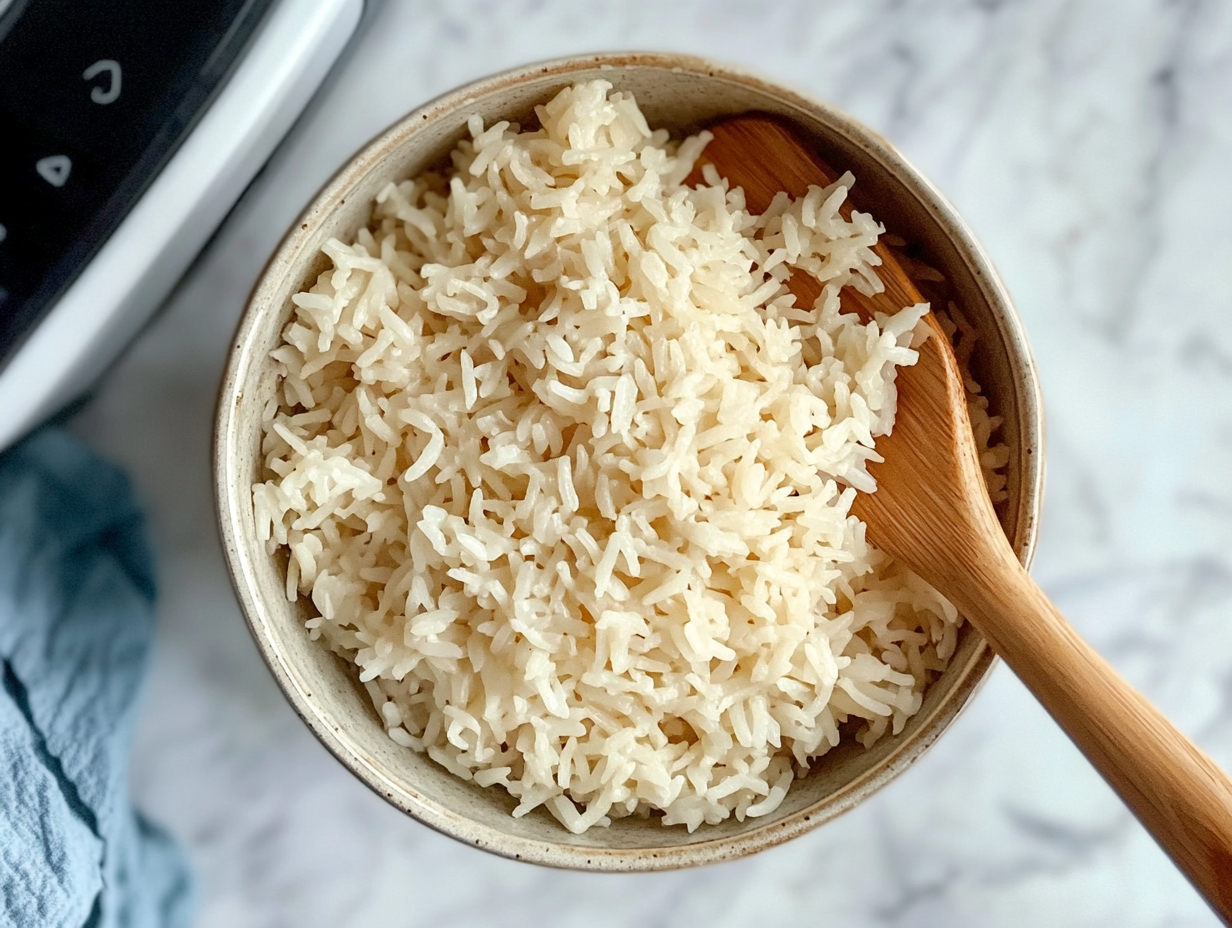 This image shows a bowl of fluffy and perfectly cooked Calrose rice, served and ready to be enjoyed, made easily in an Instant Pot.