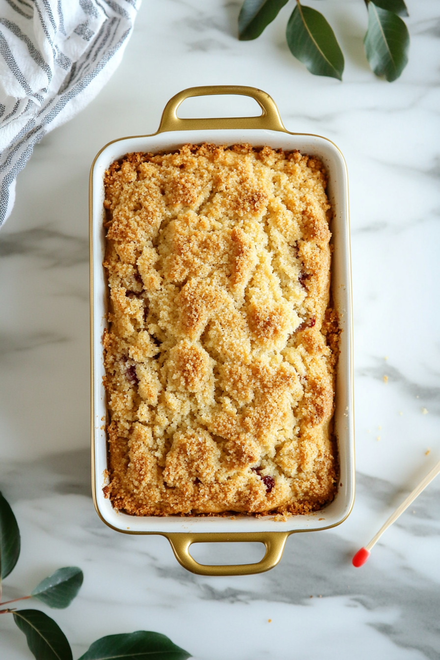 This image shows a golden-brown cherry bread loaf cooling in the loaf pan after being baked for 50-60 minutes, ready to be sliced and served as a delicious snack or breakfast treat.