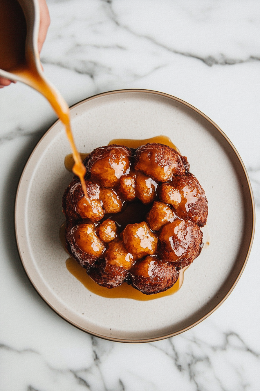 This image shows the finished monkey bread served on a plate, with its sticky, caramelized layers ready to be pulled apart and enjoyed.