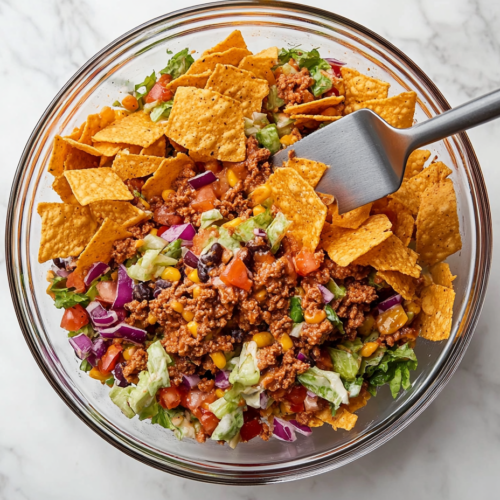 This image features a colorful and hearty Frito Taco Salad served with seasoned ground beef, crispy Frito corn chips, shredded cheese, fresh lettuce, tomatoes, and topped with Catalina dressing, creating a deliciously crunchy and flavorful meal.