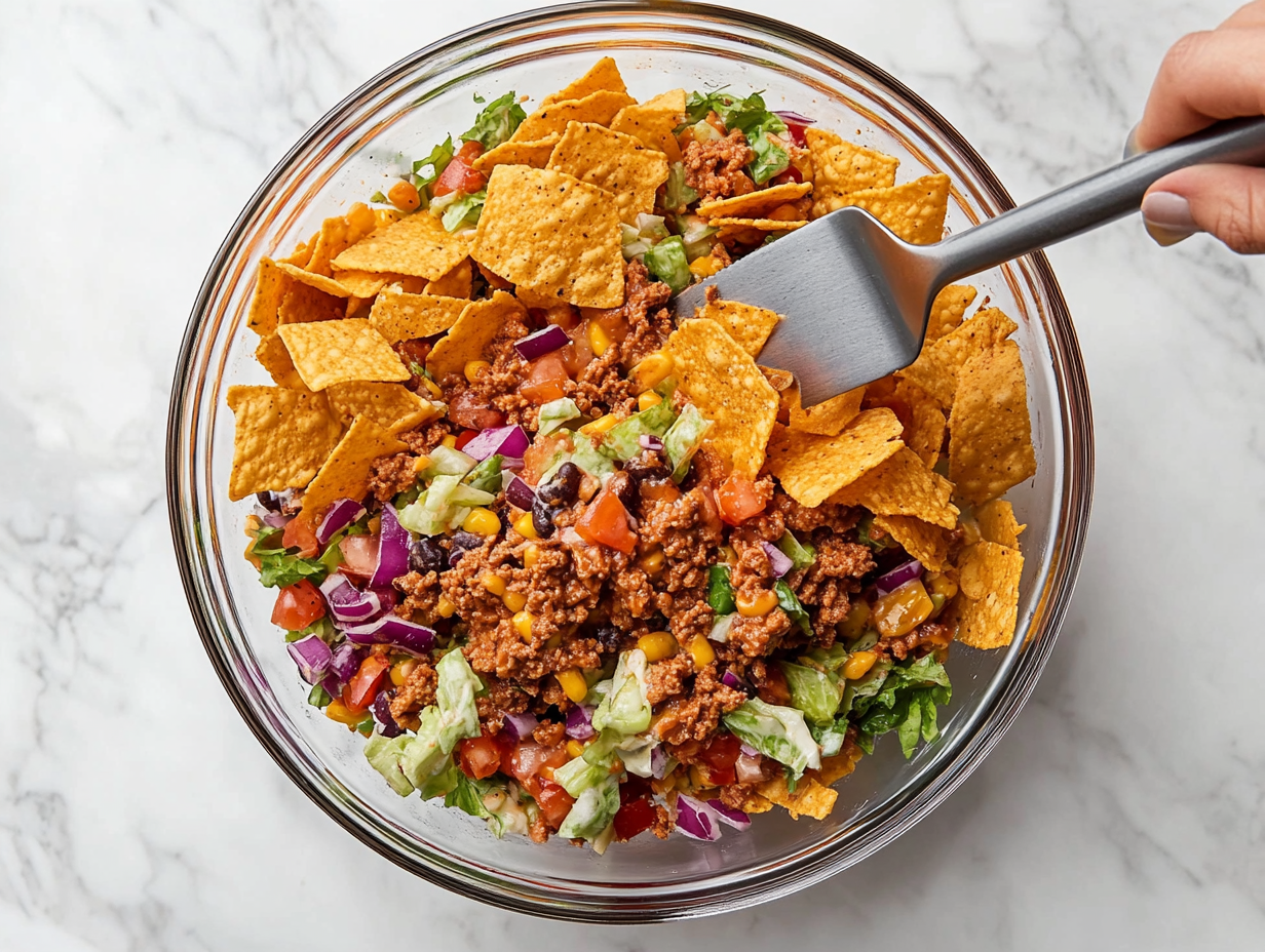 This image features a colorful and hearty Frito Taco Salad served with seasoned ground beef, crispy Frito corn chips, shredded cheese, fresh lettuce, tomatoes, and topped with Catalina dressing, creating a deliciously crunchy and flavorful meal.