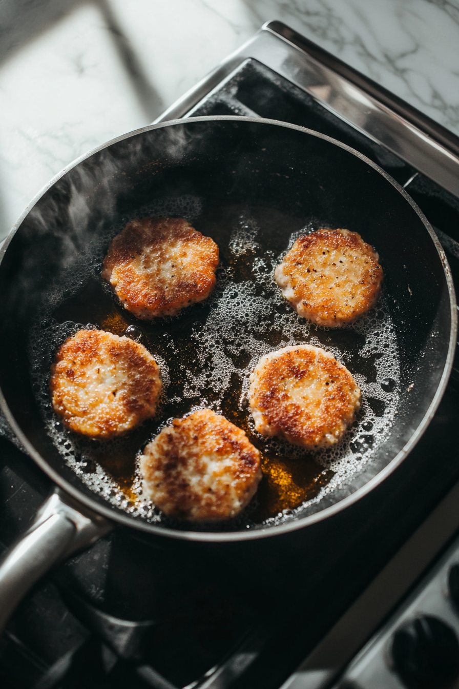 This image shows the salmon patties frying in a hot skillet with olive oil, turning golden brown and crispy on the outside while cooking through to a tender texture on the inside.