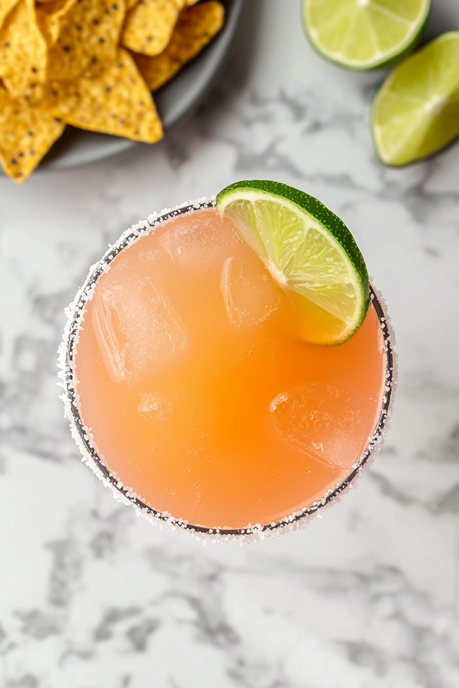 This image shows the completed margarita, perfectly garnished with a lime wedge and served in a glass with a salted rim, ready to be enjoyed.