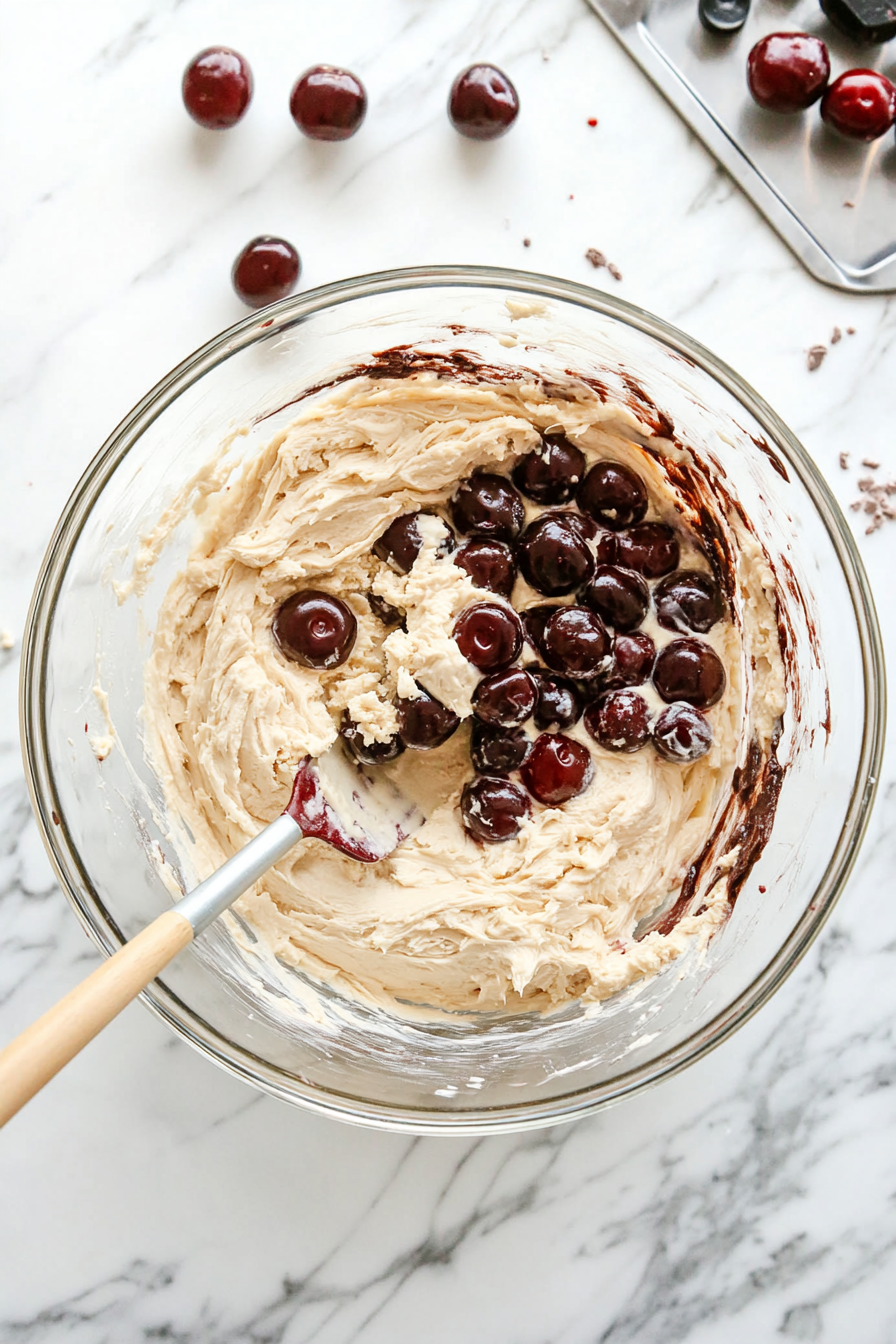 This image shows halved, pitted cherries being gently folded into the cherry bread batter, ensuring the cherries are evenly distributed throughout the mixture before baking.