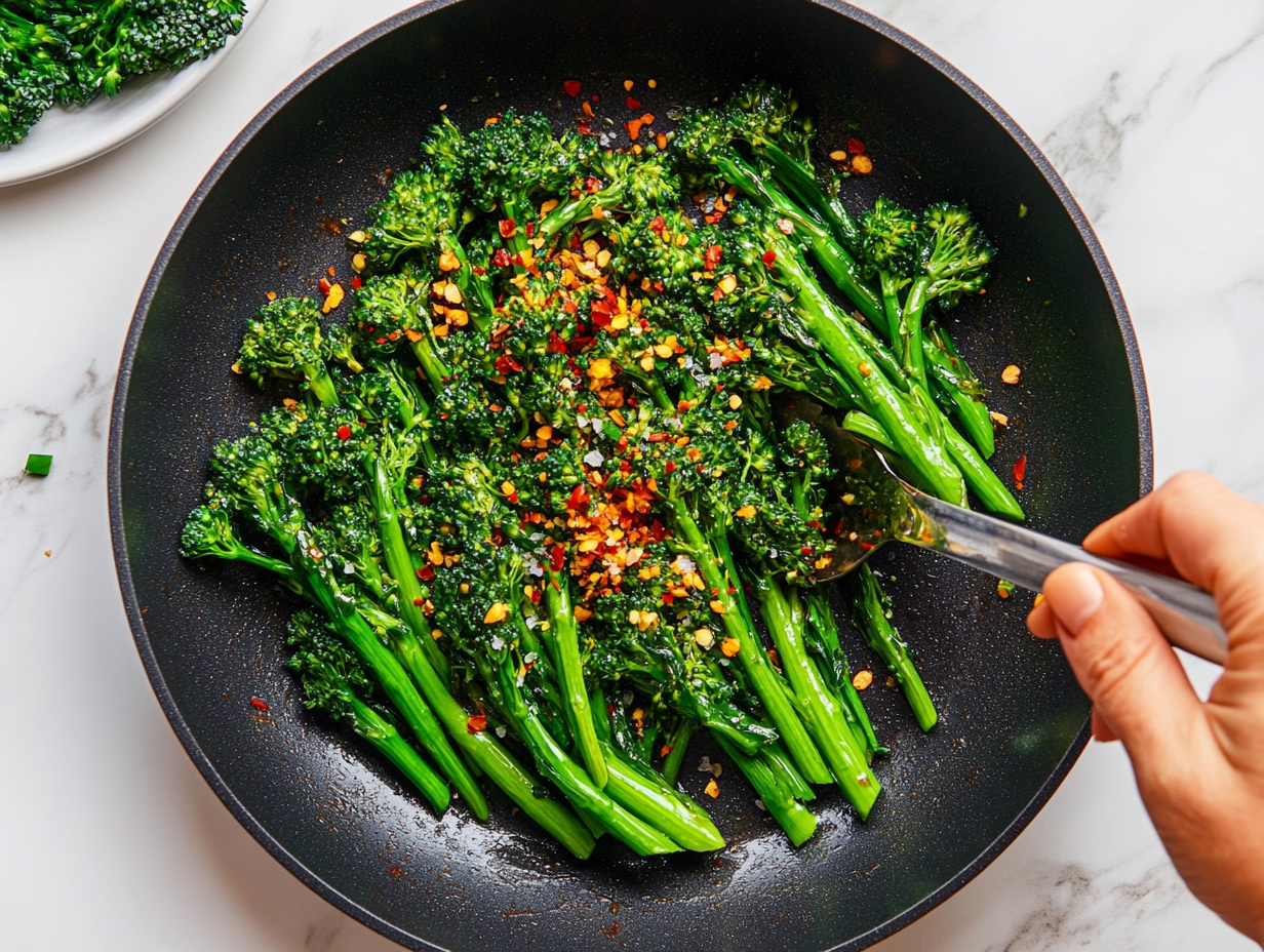 This image shows a vibrant plate of pan-fried broccolini, beautifully browned and garnished with garlic lemon seasoning, Parmesan cheese, and chili flakes for a crispy, flavorful finish.