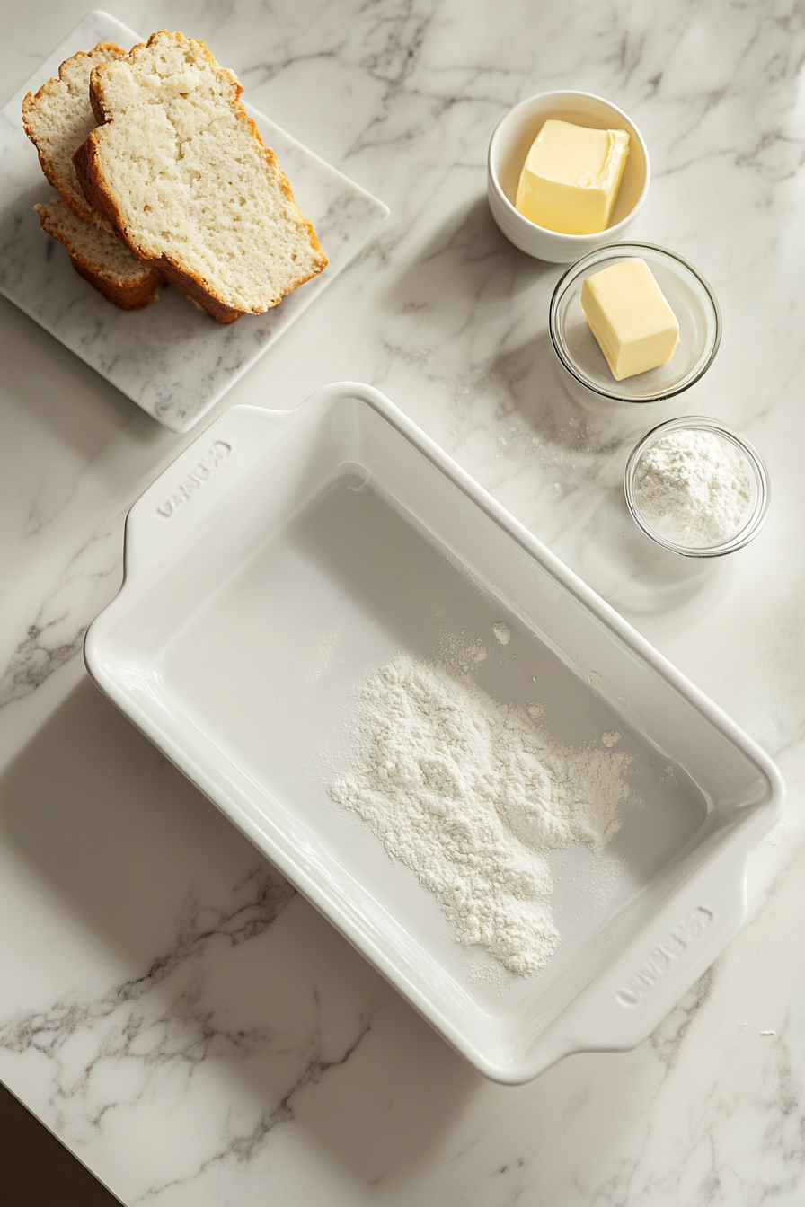 This image shows a 9-inch loaf pan being greased and lightly floured, ensuring the cherry bread does not stick during baking and is easy to remove from the pan.