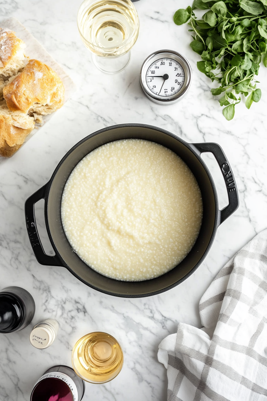 This image shows the grits simmering on low heat in a saucepan, thickening gradually as they cook, with steam rising from the pan.