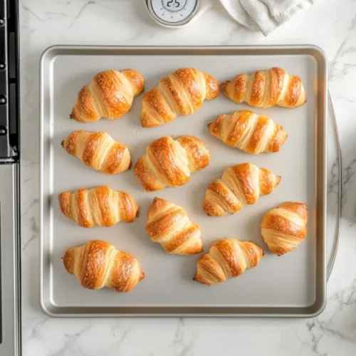 Golden-brown crescent rolls just out of the oven on a baking sheet, cooling for 5 minutes. A timer shows 12-14 minutes of baking time. The scene captures the appetizing, fresh-baked look of the rolls as they cool.