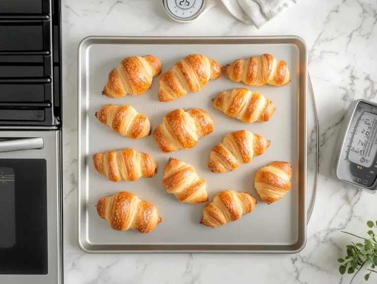 Golden-brown crescent rolls just out of the oven on a baking sheet, cooling for 5 minutes. A timer shows 12-14 minutes of baking time. The scene captures the appetizing, fresh-baked look of the rolls as they cool.