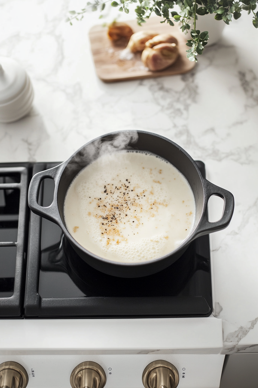 This image shows a saucepan on the stove with chicken broth, milk, and seasoning being heated to a boil as the first step in preparing Gouda Grits.