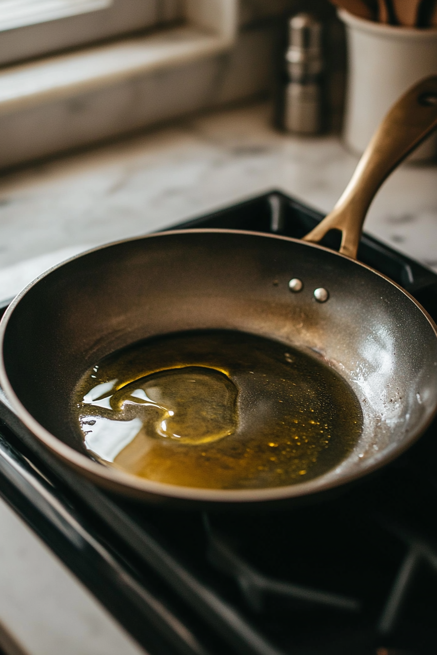 This image shows olive oil heating in a skillet over medium-high heat, getting ready for searing the marinated yellowfin tuna steaks.