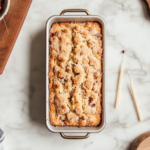 This image shows a sliced loaf of homemade cherry bread, studded with fresh cherries and topped with a golden crumb. The bread is served on a plate, making it an irresistible treat for breakfast or a snack.