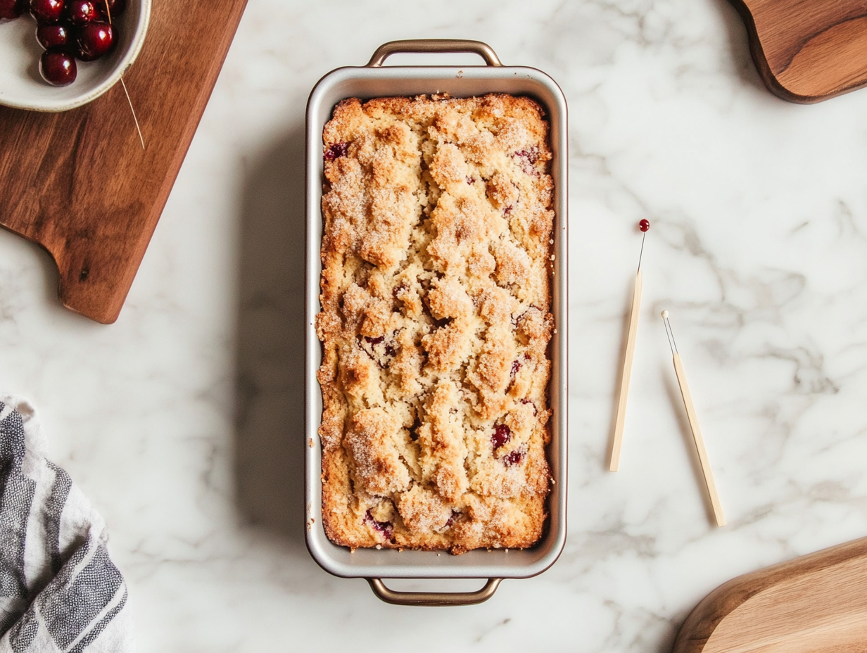 This image shows a sliced loaf of homemade cherry bread, studded with fresh cherries and topped with a golden crumb. The bread is served on a plate, making it an irresistible treat for breakfast or a snack.