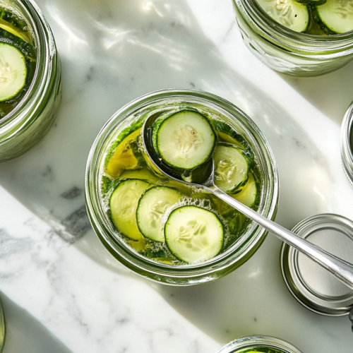 This image shows multiple glass jars filled with homemade sweet pickles, sealed and placed on a towel after the water bath canning process, ready for storage and long-term enjoyment.