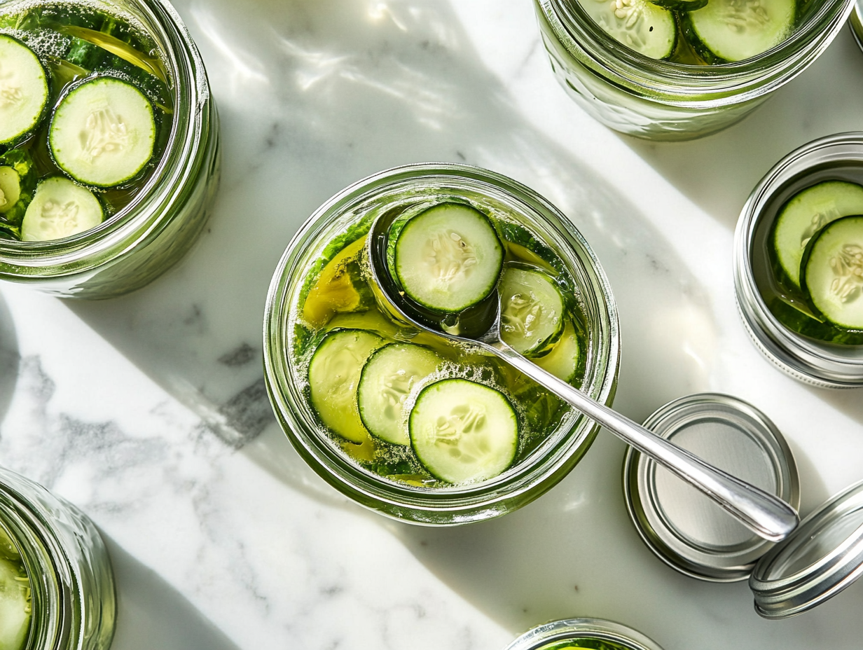 This image shows multiple glass jars filled with homemade sweet pickles, sealed and placed on a towel after the water bath canning process, ready for storage and long-term enjoyment.