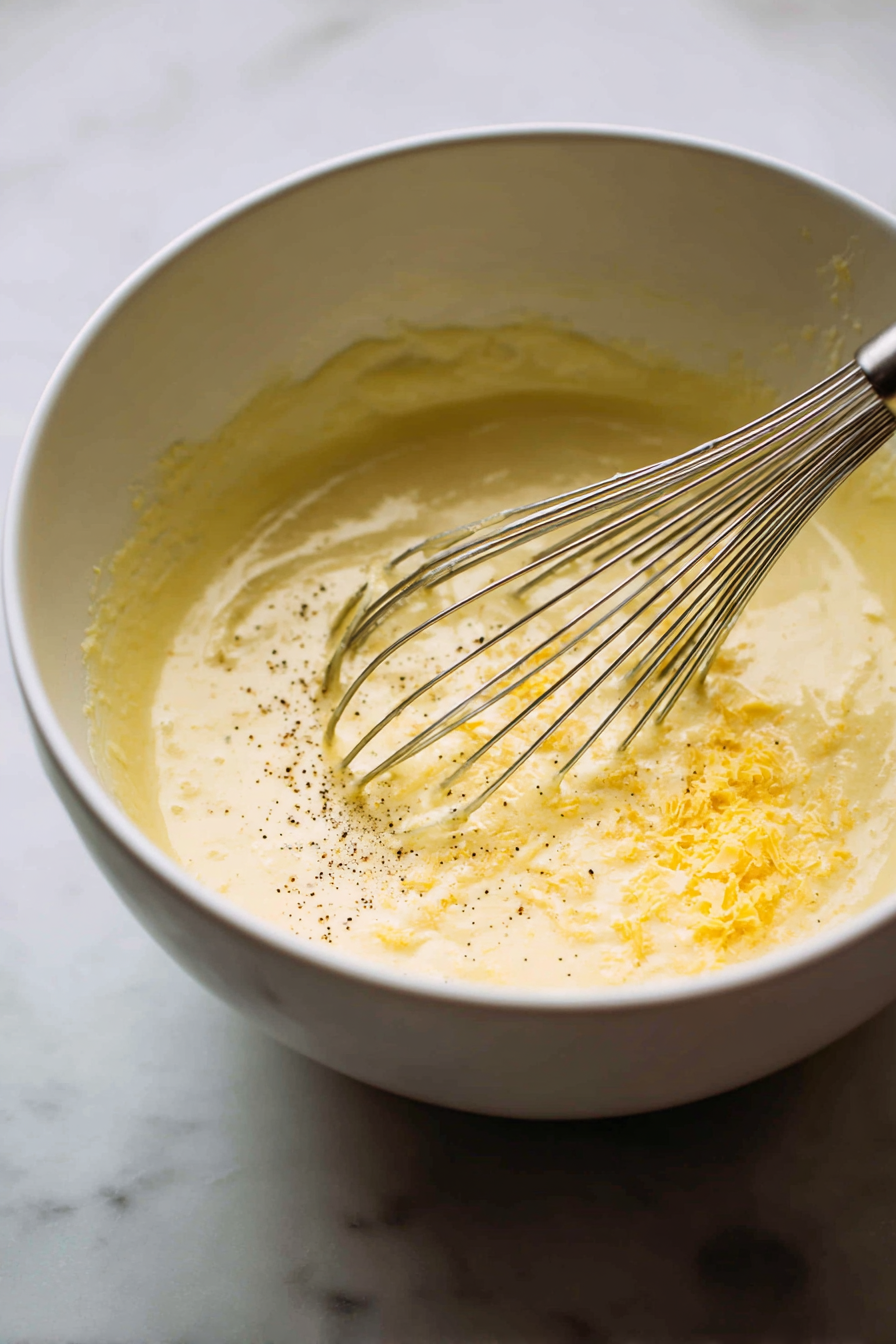 In a mixing bowl, whisk together eggs, potato flakes, and cream