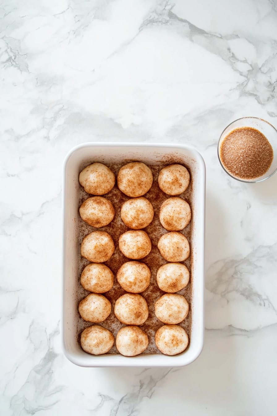 This image shows the coated dough balls being layered into a bundt pan, preparing them to be baked into soft, pull-apart monkey bread.