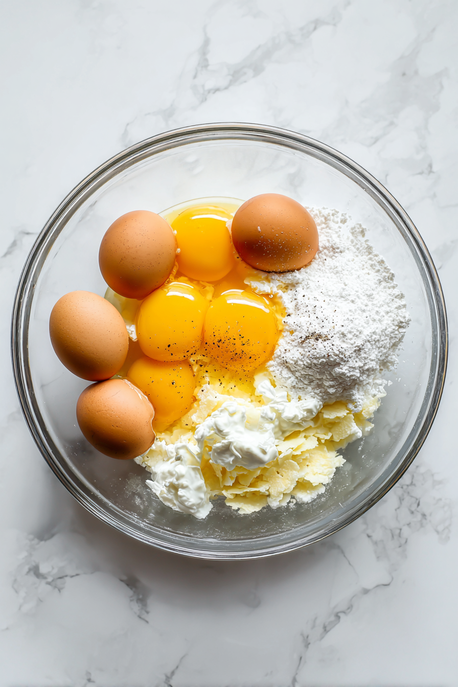 In a mixing bowl, whisk together eggs, potato flakes, and cream.
