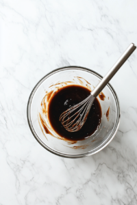 This image shows the preparation of a marinade made from coconut aminos, honey, freshly grated ginger, and minced garlic for seasoning yellowfin tuna steaks.