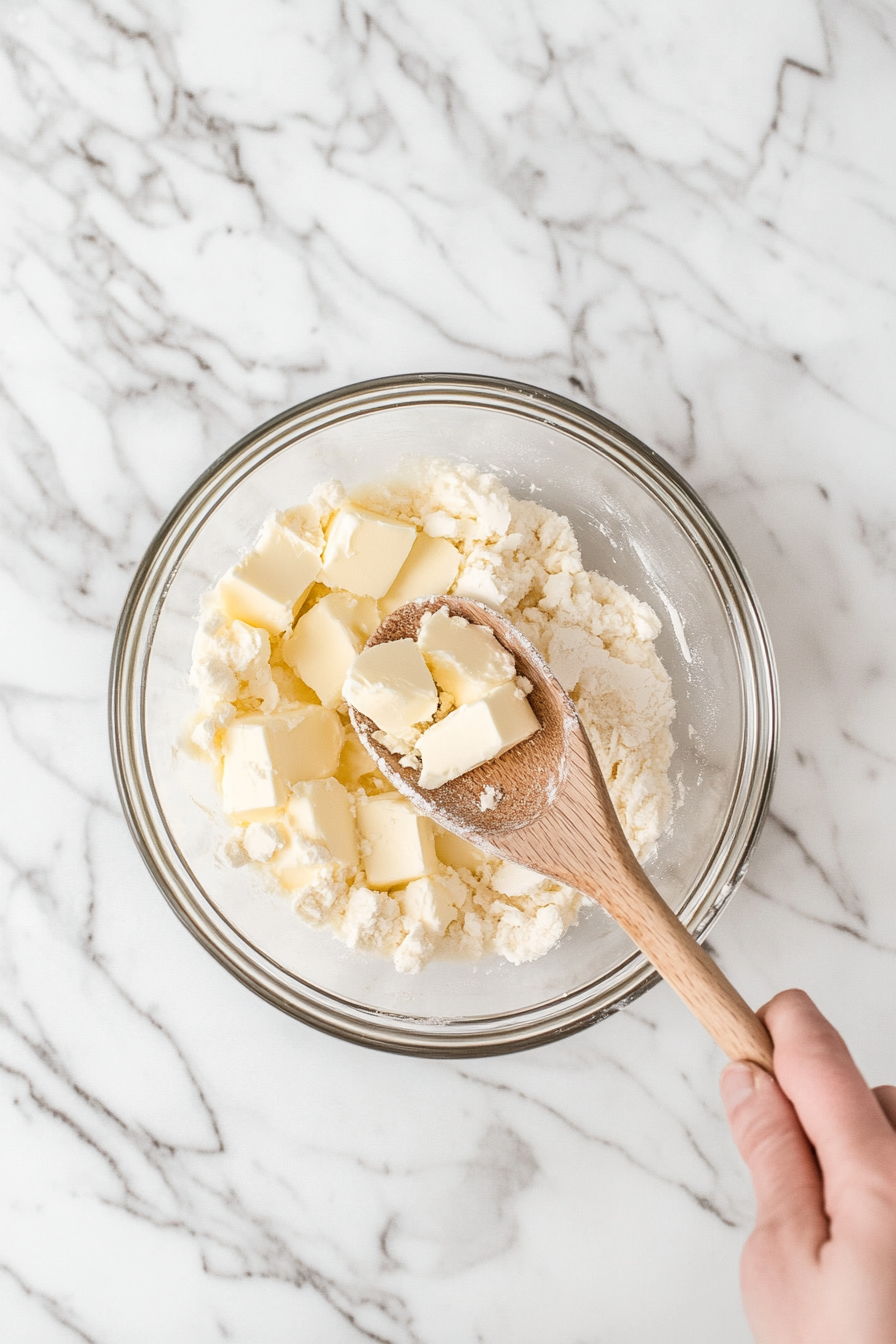 This image shows cold butter pieces being cut into the dry ingredients mixture of flour and sugar, creating a crumbly texture for the cherry bread batter and topping.