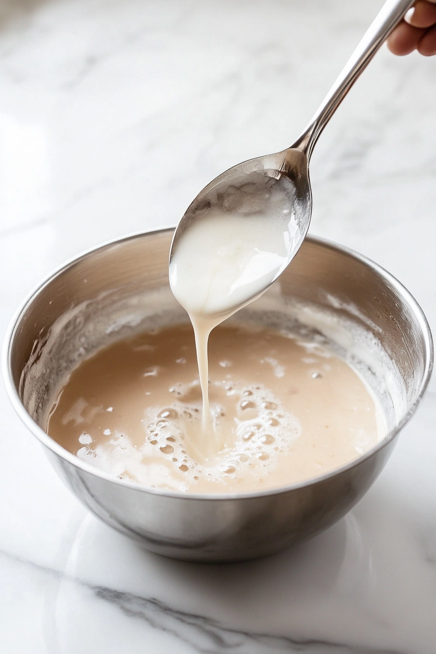 This image shows a pitcher containing the strained horchata mixture being stirred with oat milk, sugar, vanilla extract, and water, creating a sweet and creamy beverage ready to chill.