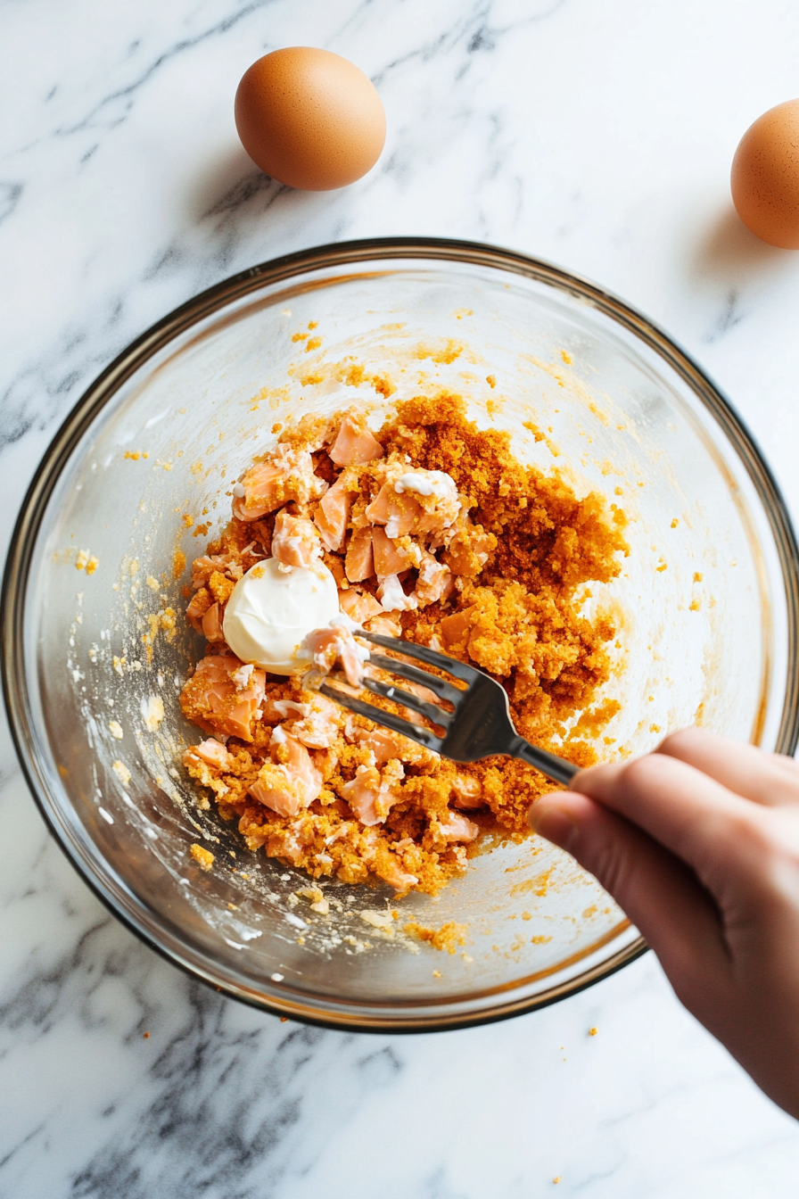 This image shows chopped onions, cornmeal, flour, egg, mayonnaise, and seasonings being mixed together in a bowl with the salmon to create a flavorful patty mixture.