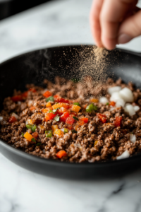 This image shows taco seasoning being added to the browned ground beef, along with water, and then simmered for five minutes to infuse the meat with rich taco flavors.