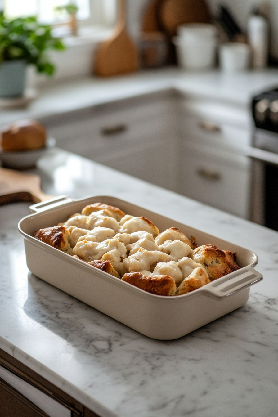 This image shows the monkey bread baking in the oven, rising and turning golden brown as the layers puff up and the sugary mixture caramelizes.