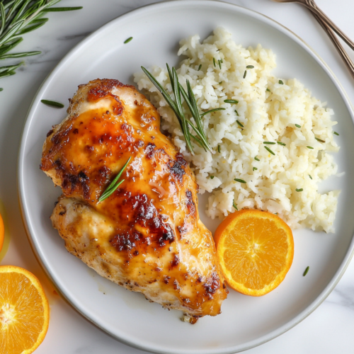 This image shows a beautifully plated Orange Marmalade Chicken, featuring golden-brown chicken thighs and legs coated in a sticky-sweet glaze, served with caramelized shallots for a savory citrus flavor.