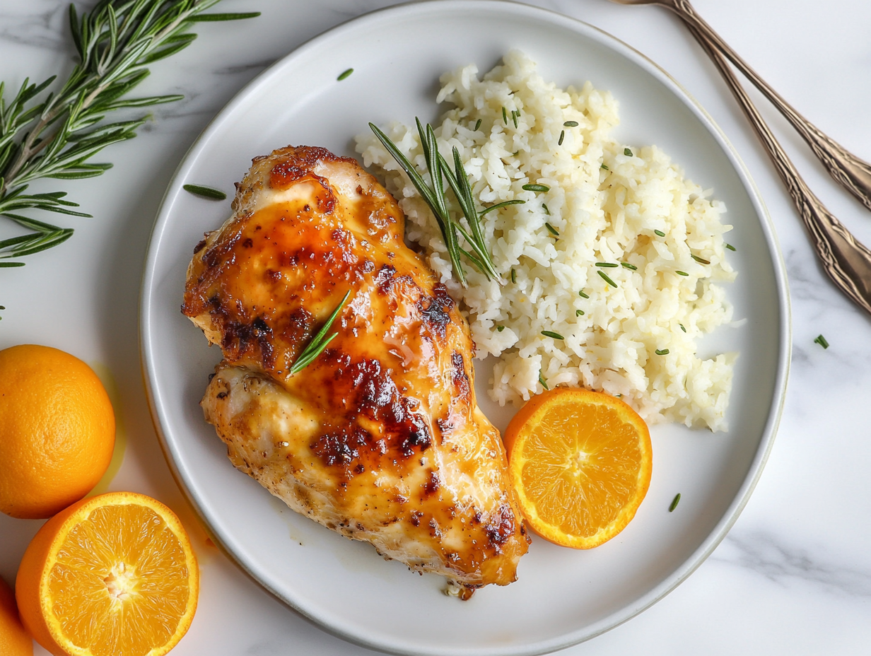 This image shows a beautifully plated Orange Marmalade Chicken, featuring golden-brown chicken thighs and legs coated in a sticky-sweet glaze, served with caramelized shallots for a savory citrus flavor.