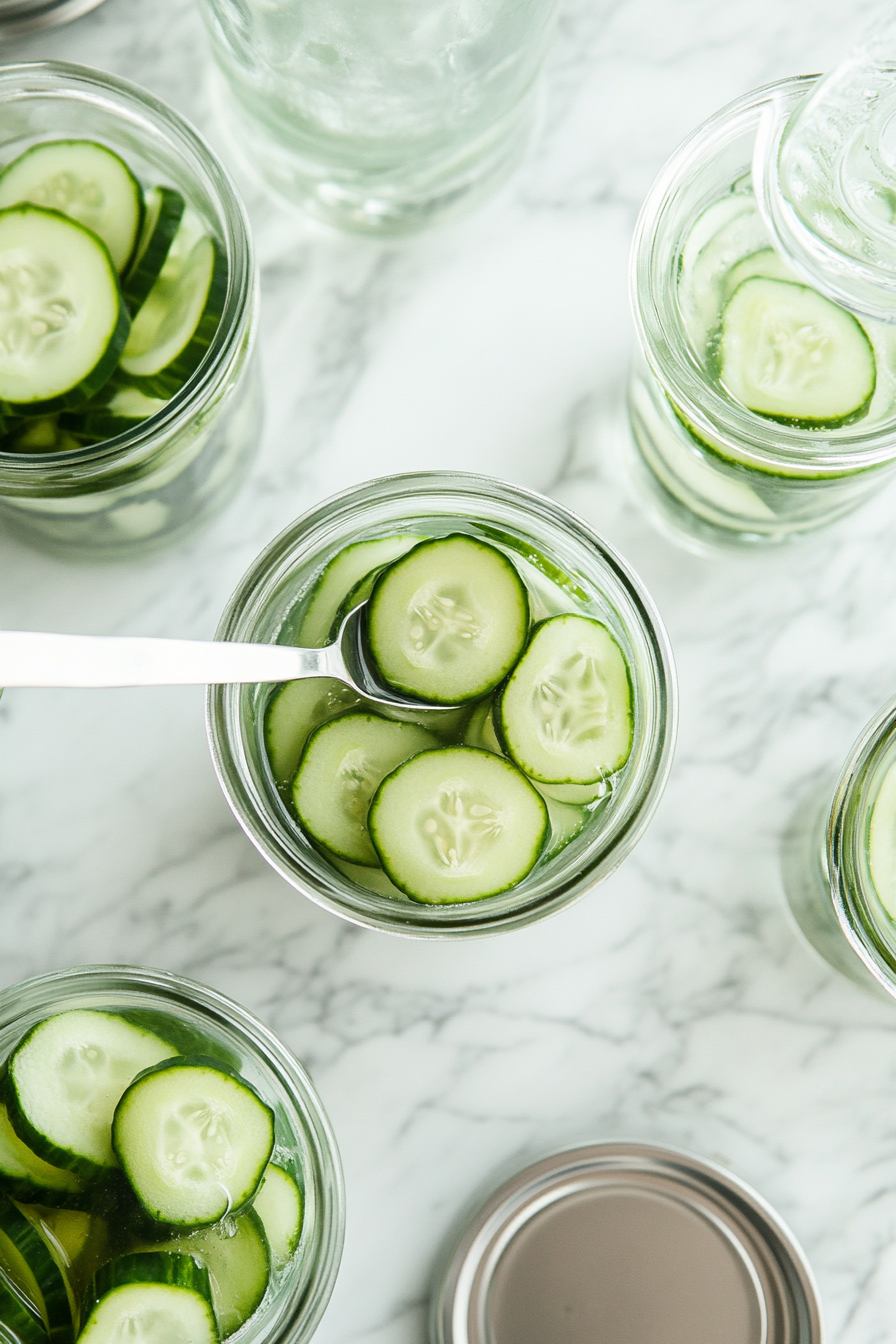 This image shows hot cucumbers being packed into sterilized jars, with the hot pickling brine being poured over them, followed by the sealing of jars to preserve the pickles for long-term storage.